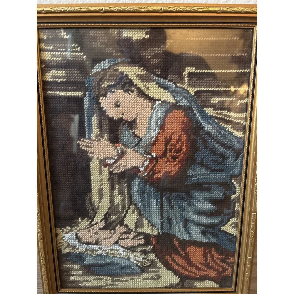 Antique Framed Needlepoint Virgin Mary And‎ Baby Jesus  12.75